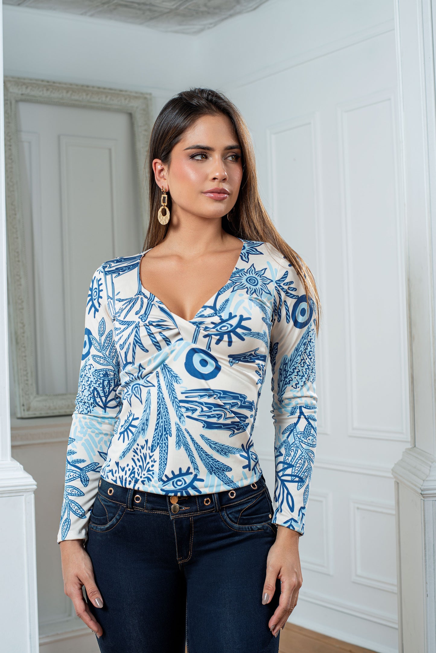 Blusa azul estampada polilycra Ref A-554