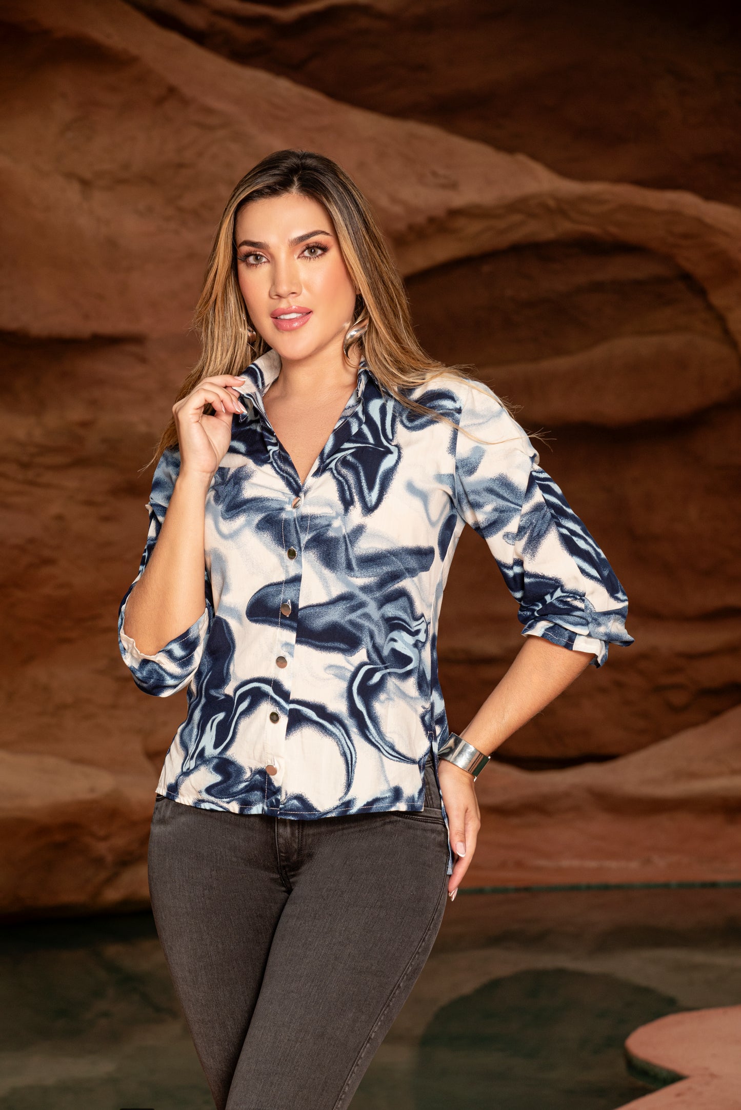 Blusa Blanca Azul Estampada Chalis Ref A-616