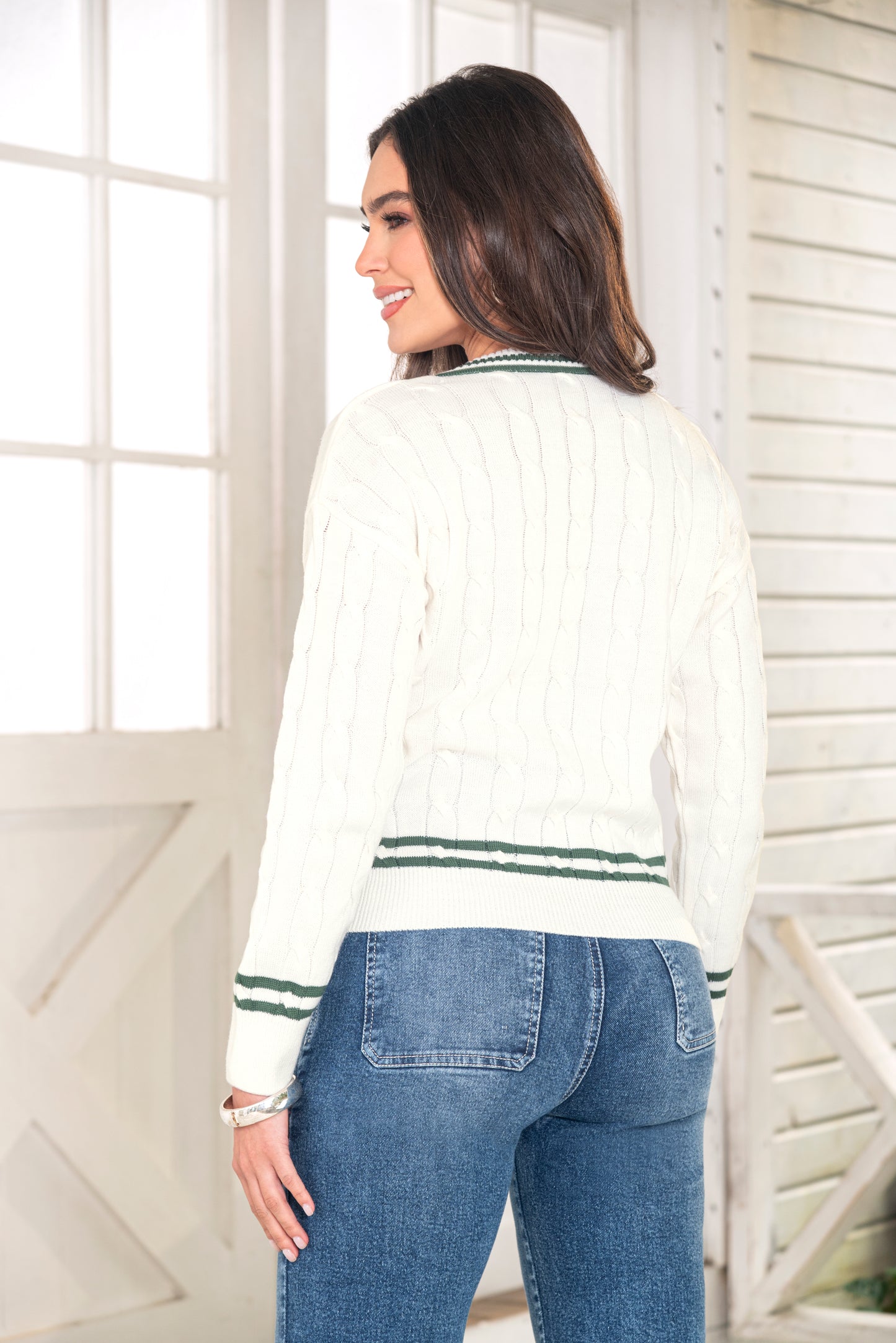 Sweater Beige Lineas Verdes Tejido Cotton Ref B-574