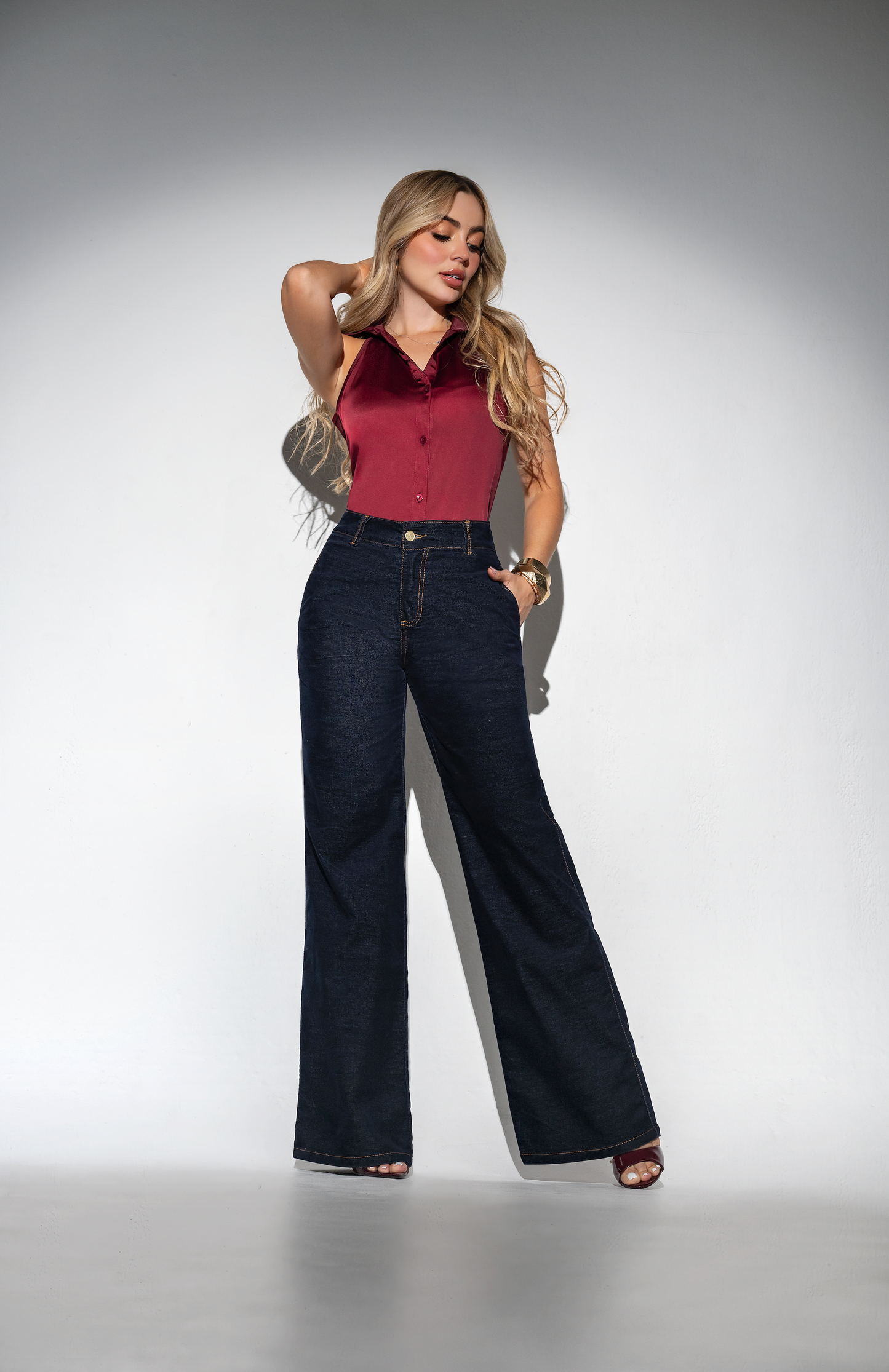 Pantalón Tiro Alto 1 Botón - Bota Palazzo  - Tela Efecto Gamuza Ref 1729