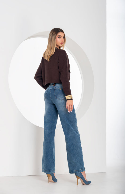 Jean Tiro Alto 1 Botón - Bota Palazzo - Tela Efecto Toalla Ref 1774