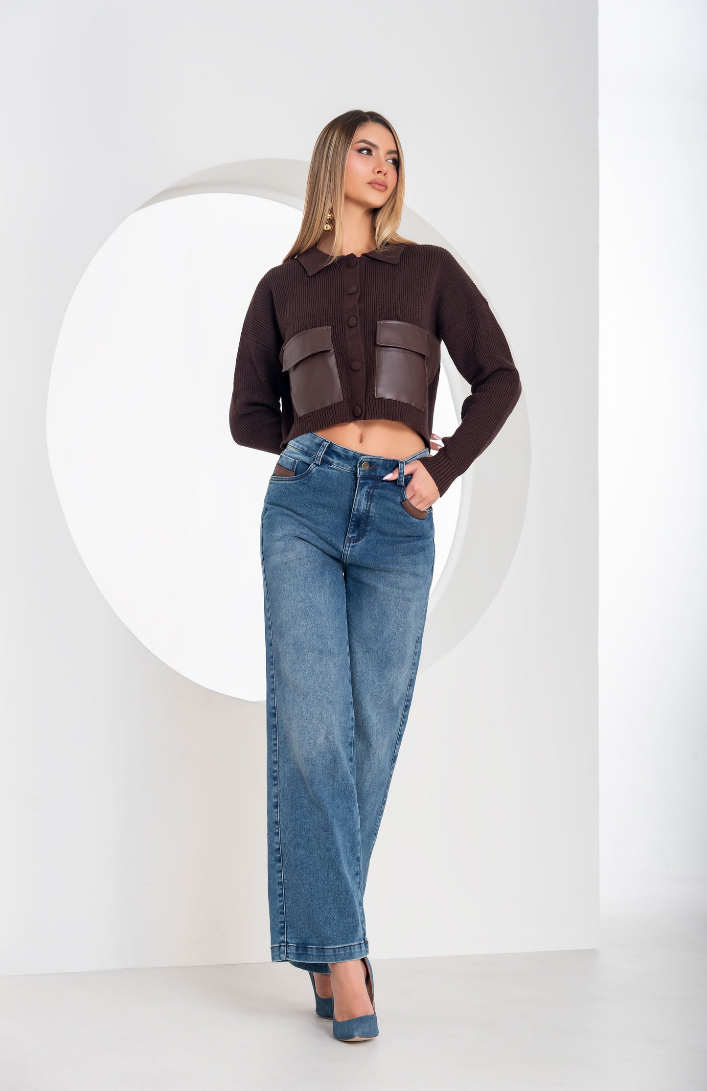 Jean Tiro Alto 1 Botón - Bota Palazzo - Tela Efecto Toalla Ref 1774