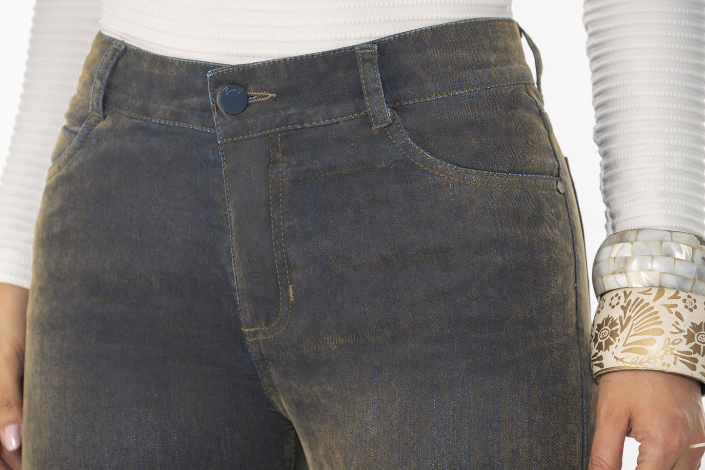 Pantalón Tiro Alto 1 Botón - Bota Palazzo  - Tela Gamuzada Denim Ref 1813