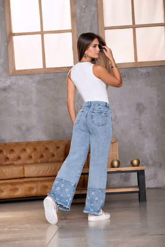 Jean Wide Leg Bota Bordada Flores Indigo Rigido Ref 1917