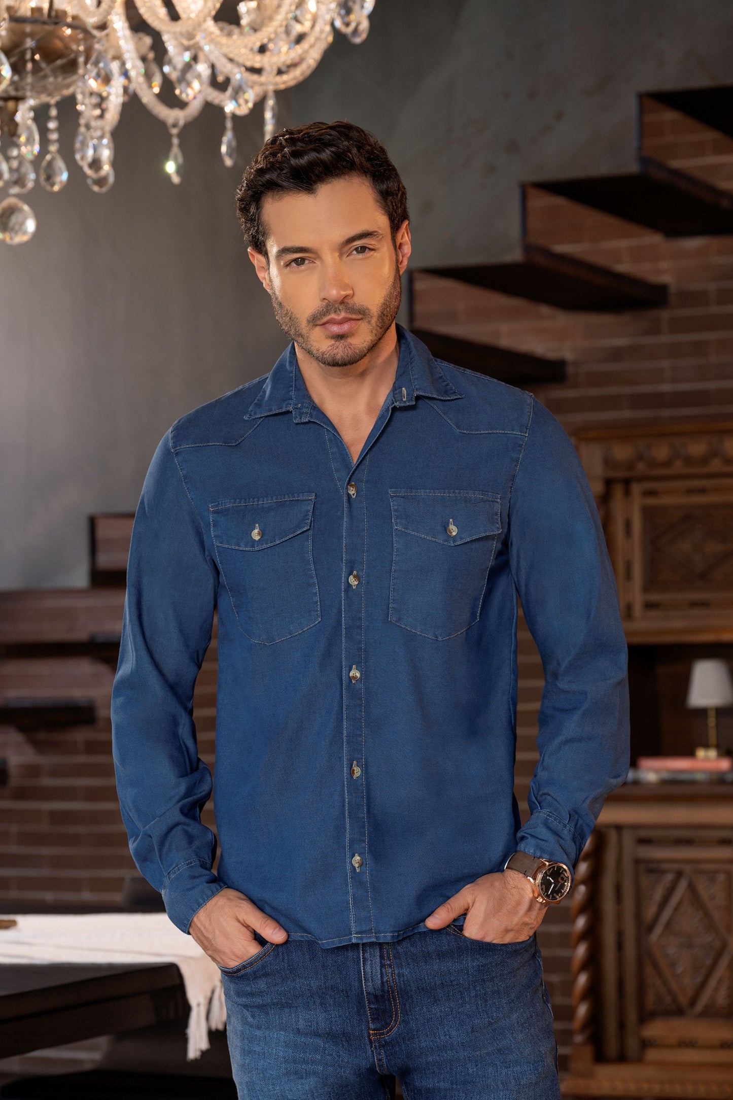Camisa Hombre Chambray Azul Ref R-639