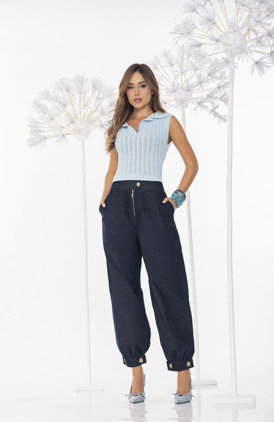 Pantalón Tiro Alto 1 Botón - Bota Aladino - Tela Tencel Gamuza Ref R-034
