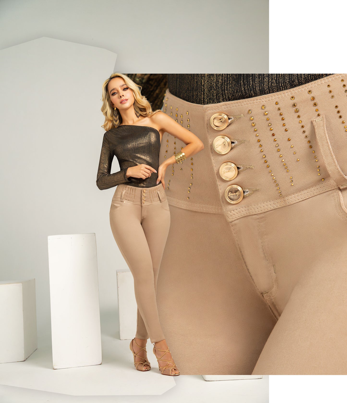 Jean Pretina Alta Control Abdomen - Bota Tubo - Caqui Ref 1306